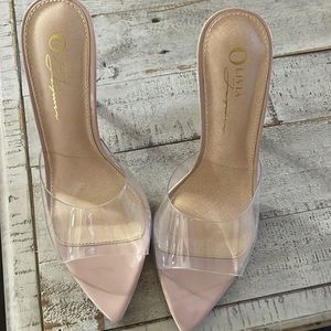 Olivia nude heels clear strap heels.. .